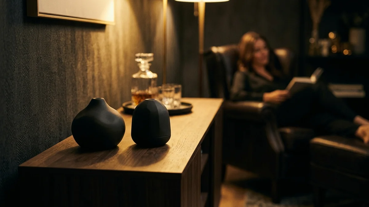 Two unbranded wellness product silhouettes on dark console table in warm evening living room