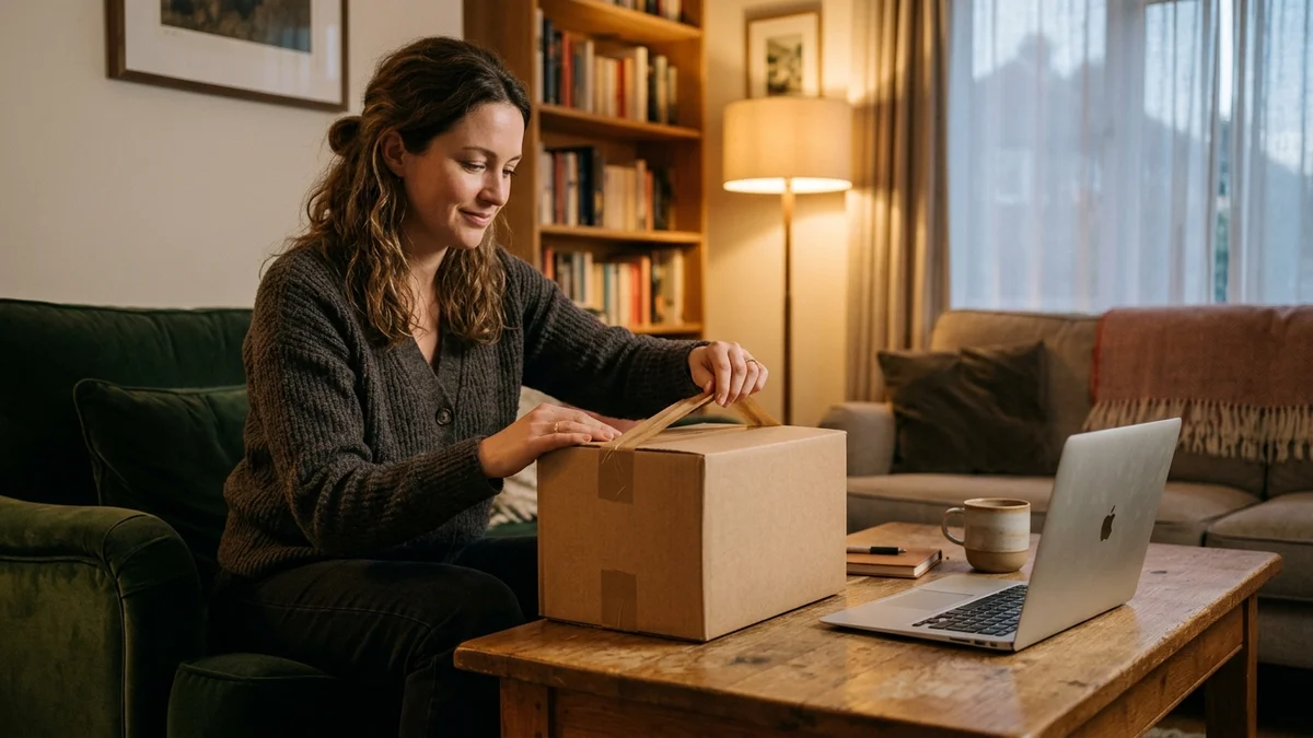 Adult woman opening plain unbranded shipping box on coffee table beside laptop in cozy living room