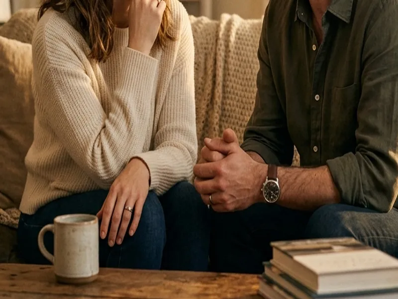 Close-up of couple's hands and warm ceramic tea mugs during intimate conversation