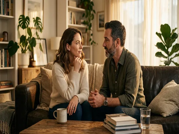 Couple sitting together engaged in quiet conversation