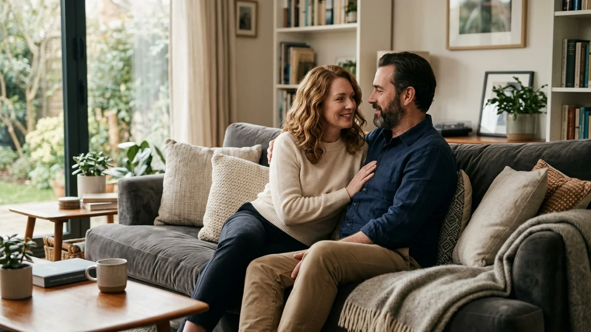 Two partners sitting close together on a sofa in warm natural light, engaged in quiet conversation.