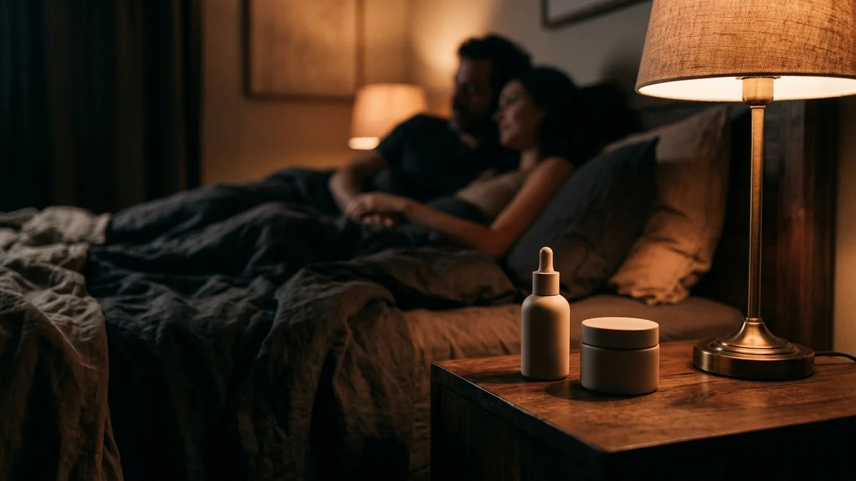 Intimate bedroom atmosphere at night with couple and bedside wellness silhouettes