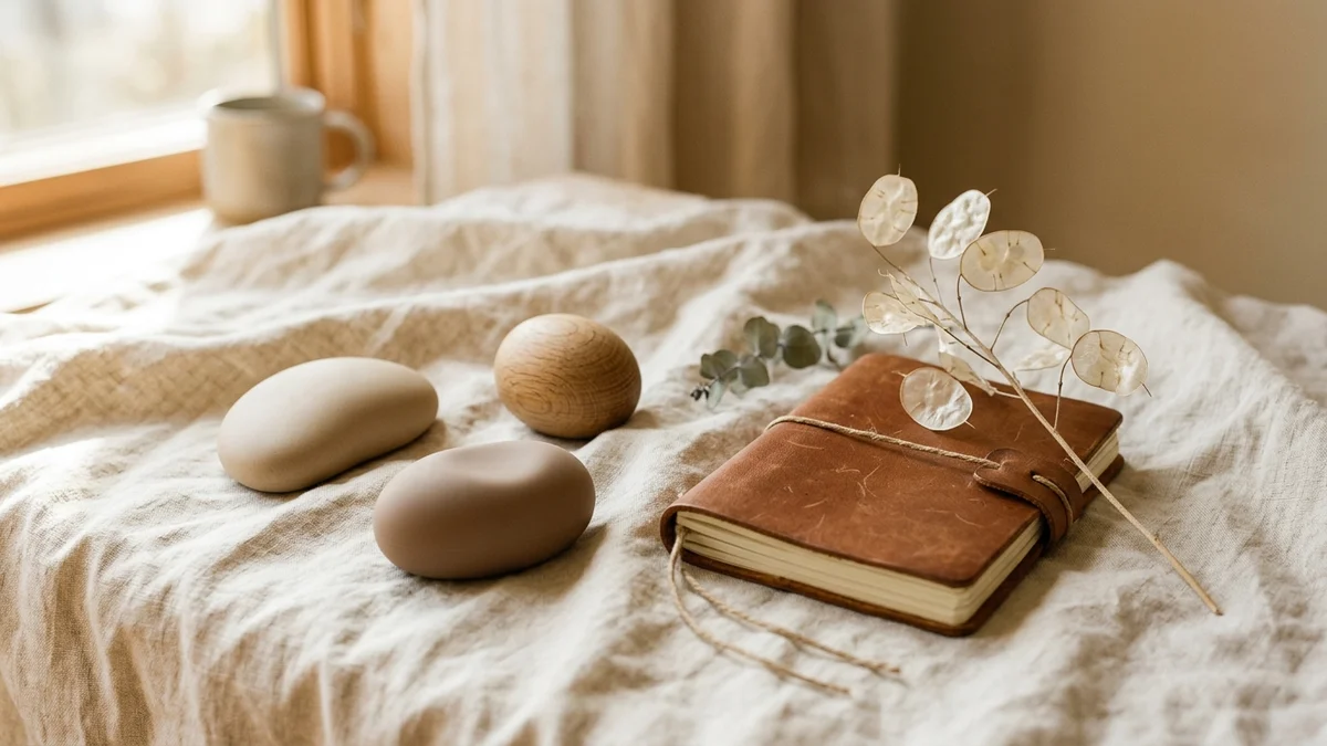 Calm morning personal-care vanity still life with natural linen, ceramic dish, and unbranded wellness silhouette