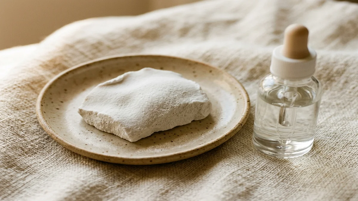 Sensual material science still life with ceramic dish and glass dropper bottle