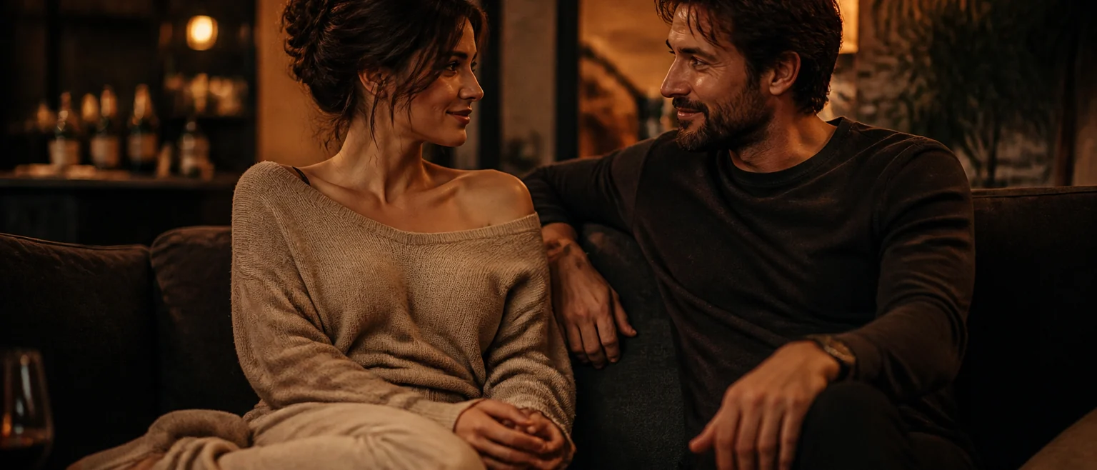 Couple talking closely in a warm interior